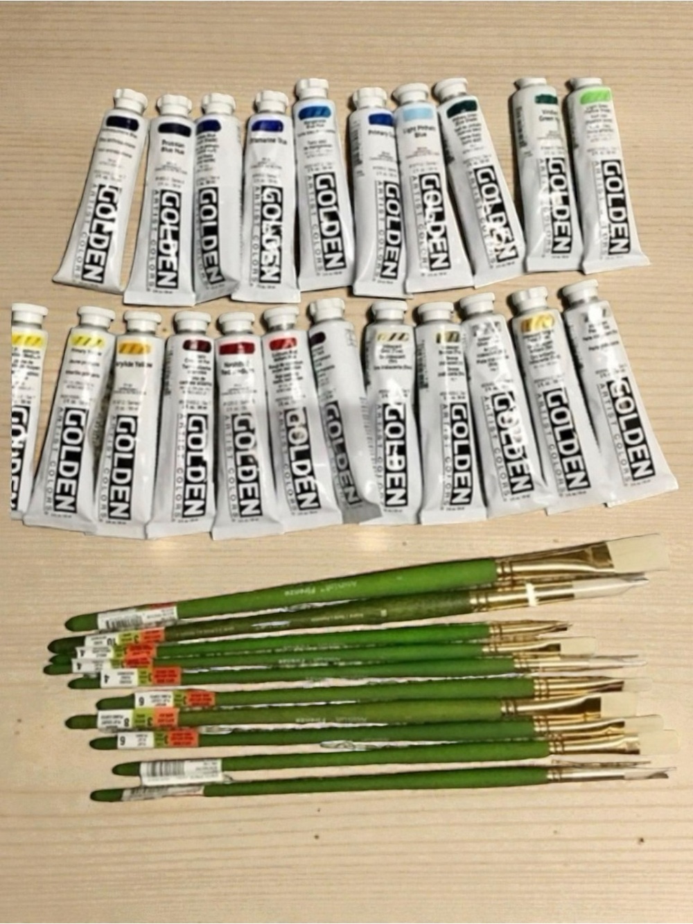 New Golden acrylic heavy body paint lot of 22, 10 level 3 acrylic paintbrush’s